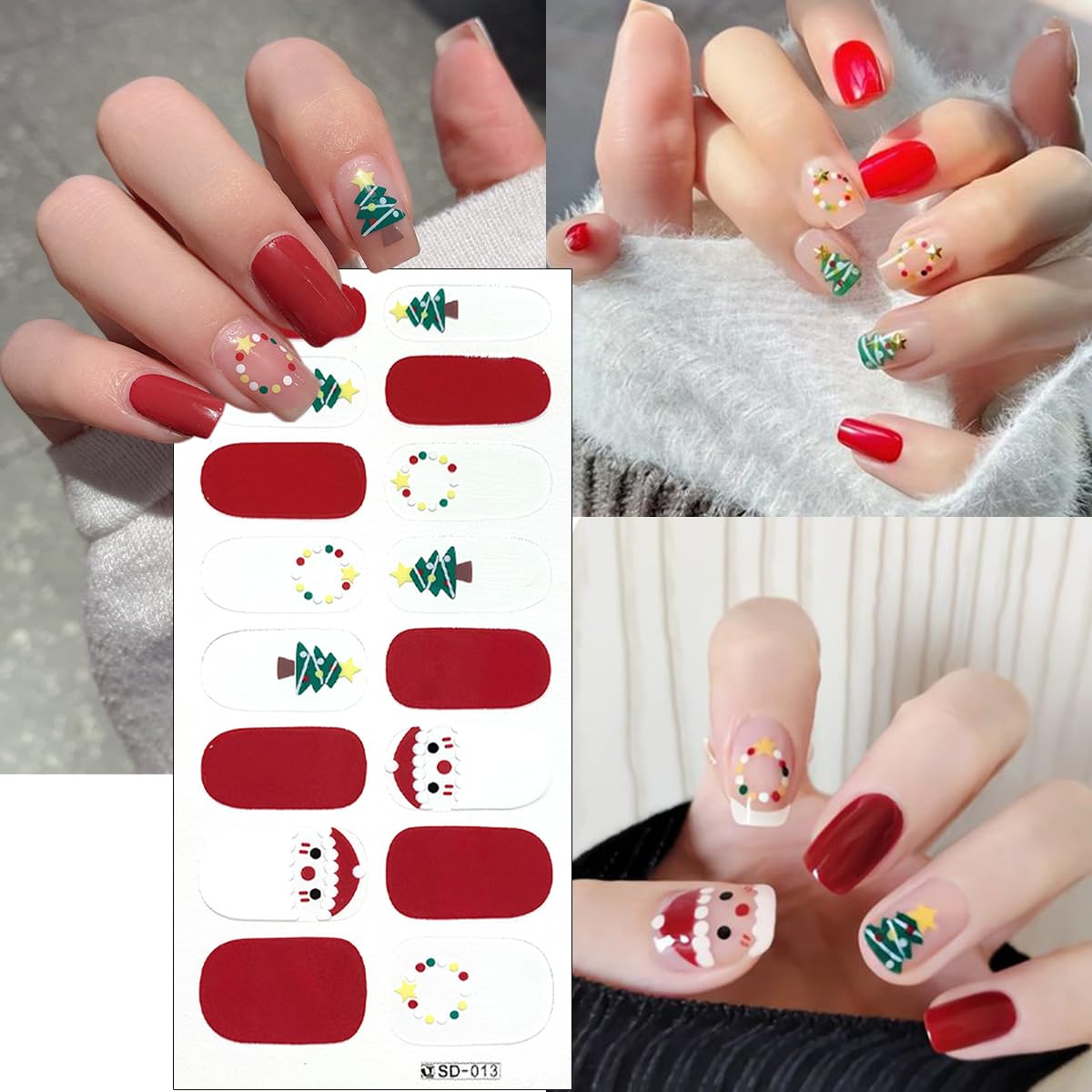 6Sheets Christmas Gel Nail Stickers: Glitter Snowflake Full Wrap, Santa Claus, Snowman, Xmas Trees, Winter Nail Stickers for Christmas Manicure