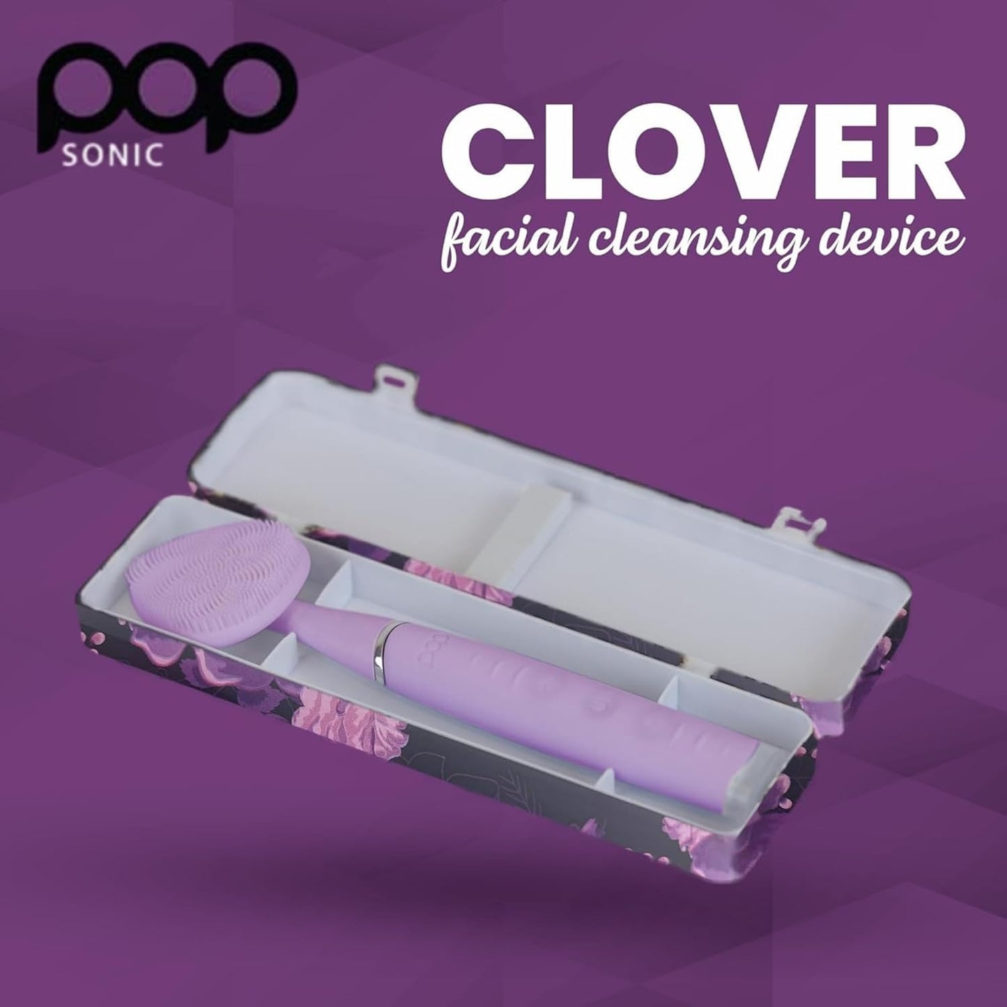 Clover Facial Cleansing Device Lavender Silicone Facial Cleaner & Exfoliator w/ 8000 Vibrations Per Minute, 5 Speeds, USB Rechargeable Face Cleaning Scrubber & Skincare Tool with Case