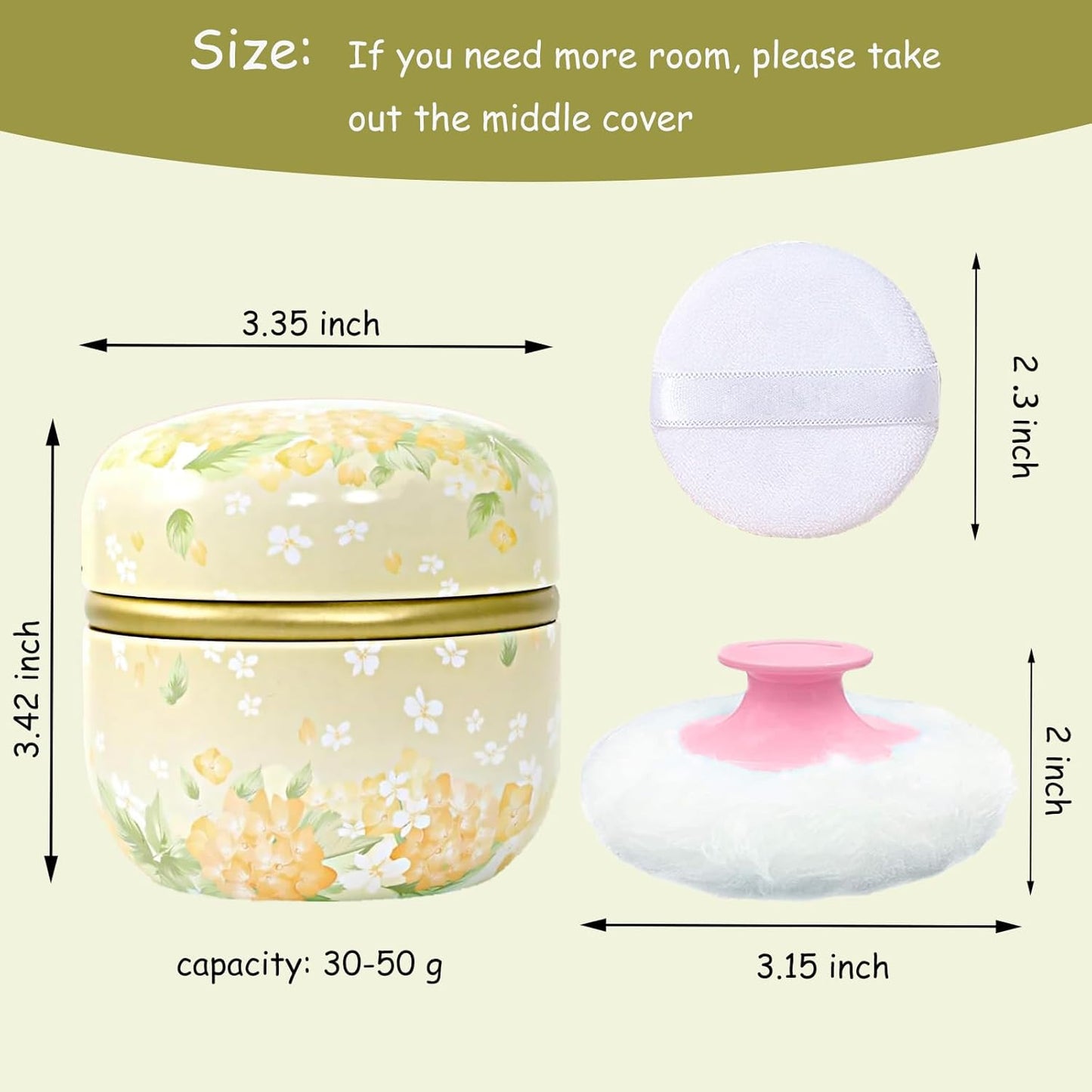 Body Powder Puff and Container for Dusting Powder, Women Powder Puff and Powder Case for Bath and Travel (Light Yellow)