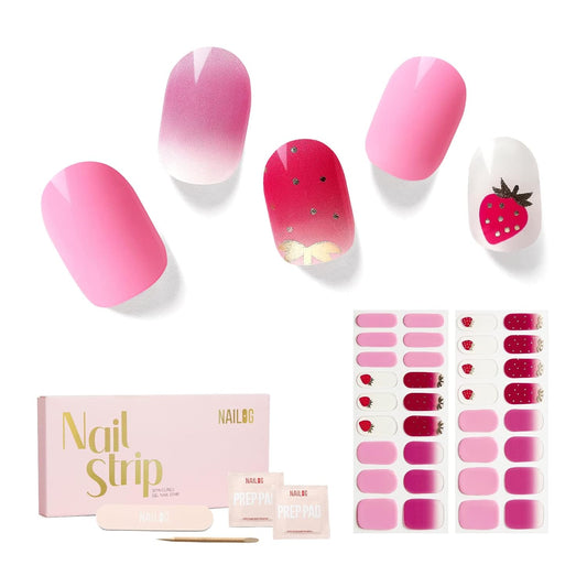 NAILOG Semi Cured Gel Nail Strips, 34 pcs Salon-Quality Gel Nail Stickers, Long Lasting Nail Wraps for Women with Soft Gel Finish | Strawberry Love