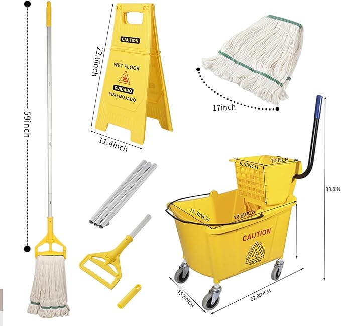 Side Press Wringer Combo Commercial Mop Bucket on Wheels, 35 Quart,Yellow, Including Wet Floor Caution Sign（24Inch） and One Industrail Mop
