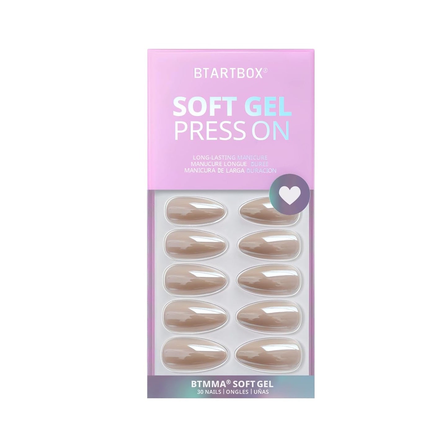 BTArtbox Press On Nails Almond - Medium Soft Gel Chrome Nails, Glue On Nails with Nail Glue, Reusable Stick On Nails in 15 Sizes - 30 Soft Gel Fake Nails Kit, Nuts Glazed