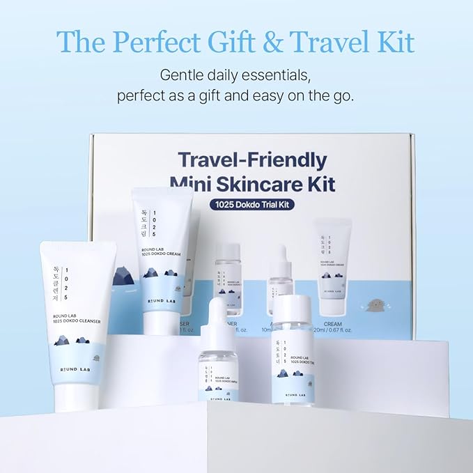 ROUND LAB 1025 Dokdo Hydrating Mini Size Kit (Cleanser, Toner, Ampule, Cream), Deep Hydration for Dry Skin, Daily Skin Care Routine Trial Kit for Moisture Care, Travel Size Gift Set, Stocking Stuffers