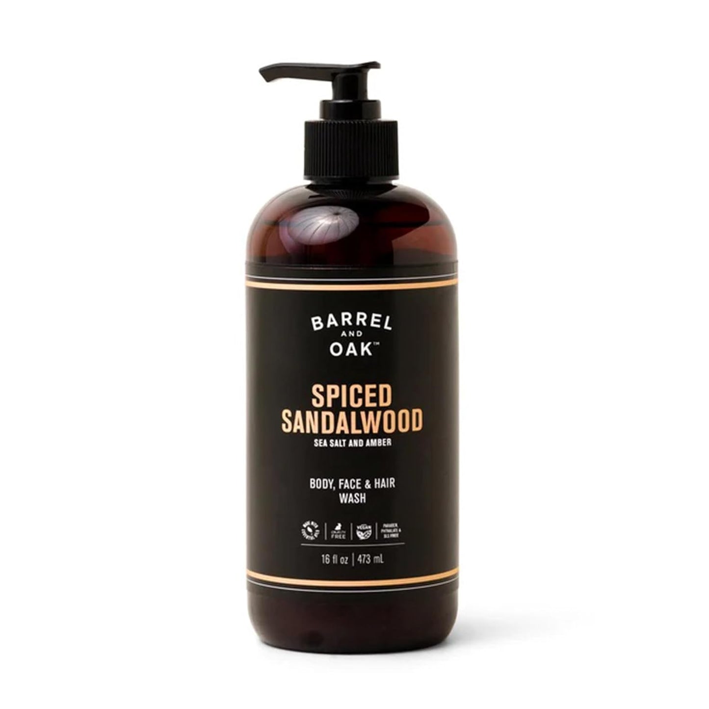 Barrel and Oak - All-In-One Body Wash, Men's Face, Hair, & Body Wash, Natural Exfoliator & Moisturizer, Hydrates Hair & Beard, Fragrant Amber Scent, Certified Organic (Spiced Sandalwood, 16oz)