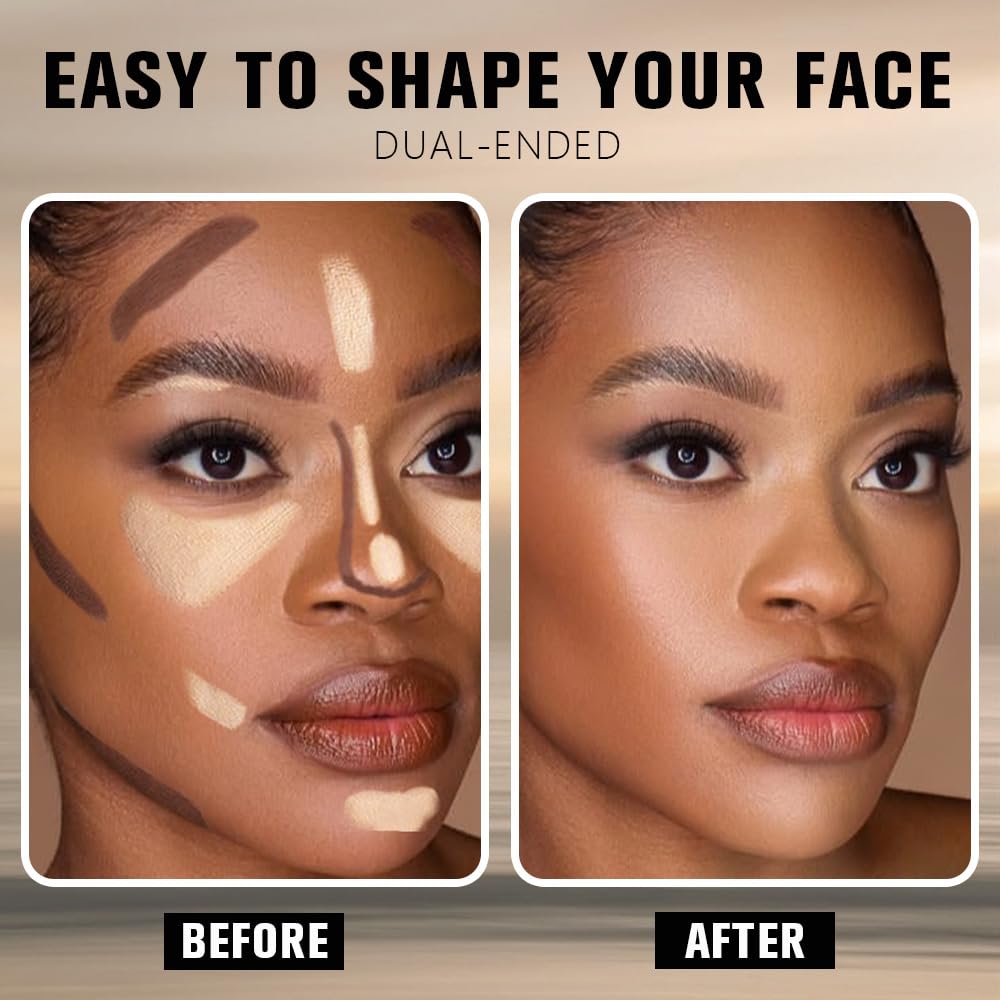 2Pcs 2in1 Cream Contour Highlighter Stick, Dual-Ended Highlighter Makeup Contour Stick, Contour Stick Dual Ended For Face Body Makeup,Long Lasting Waterproof for All Skin Tones (02+04)