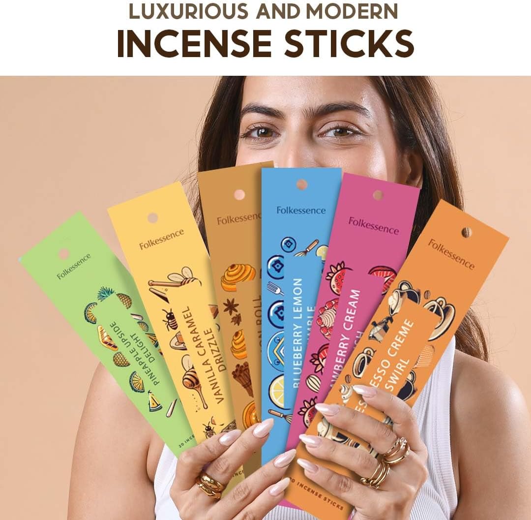 Folkulture Incense Sticks with Holder for Gift | Set of 6 (120) Non Toxic Fall Incense Sticks with 45 Mins Burn Time | Bakery Themed Organic Fall Scents- Vanilla Caramel, Strawberry, Cinnamon Insense