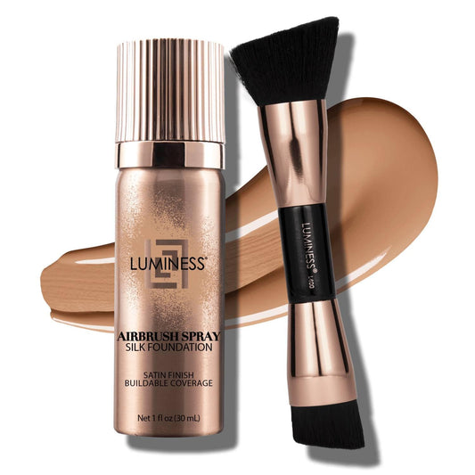 LUMINESS Silk Airbrush Spray Foundation 2-PC Kit - Foundation & Dual-Sided Angled Makeup Brush - Buildable Coverage, Anti-Aging Formula, Humidity Resistant, Hydrates & Moisturizes, Warm