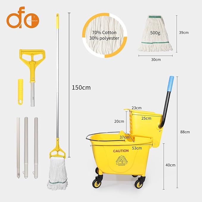 Side Press Wringer Combo Commercial Floor Cleaning Rectangular Mop Bucket on Wheels, 35-Qt, Yellow,Add One Mop and One Mop Head Replacement