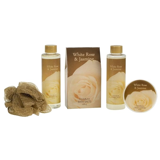White Rose Jasmine Spa Set For Women in Elegant Gold Tub Includes Shower Gel, Bubble Bath, Body Lotion, Jasmine Bath Salt, Pouf, Award Winning Bath Body Set