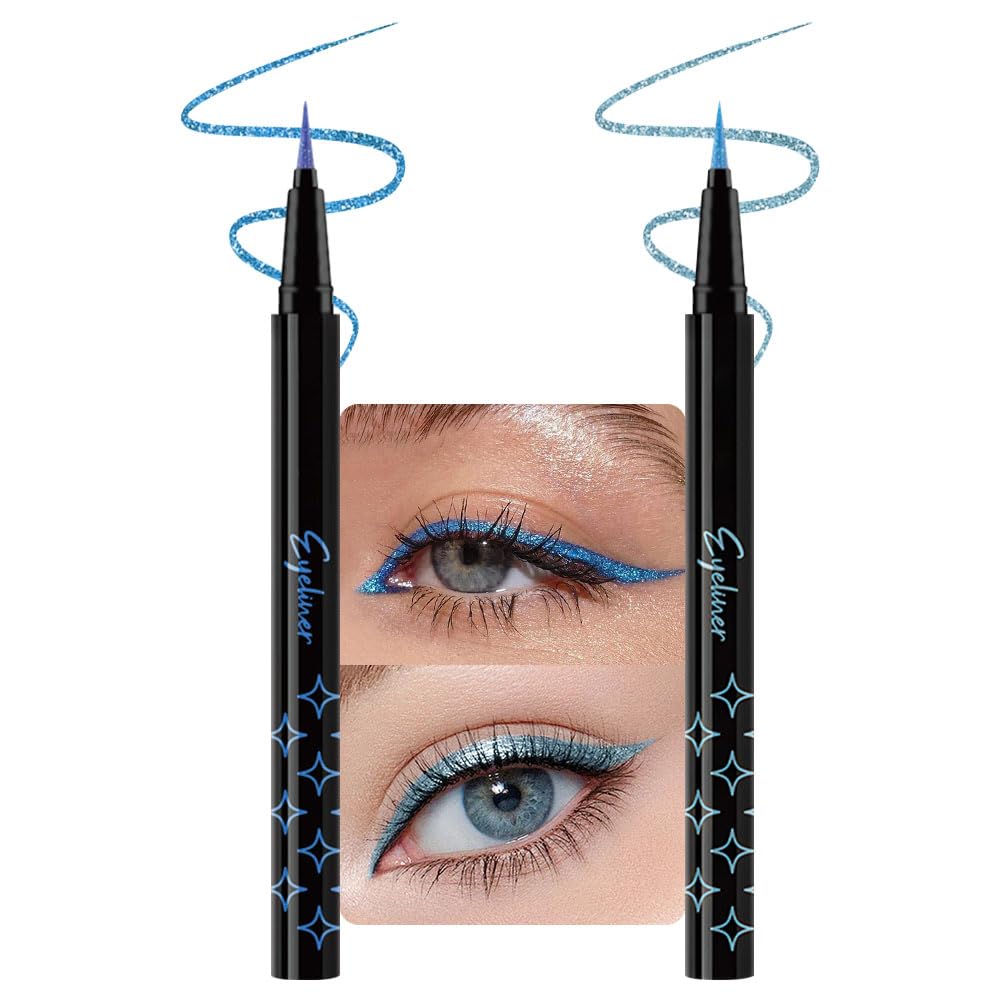 evpct 2Pcs Blue Glitter Shimmer Liquid Eyeliner Eye Makeup Pencil Pen, Pearl Blue Chrome Eyes Liner Face Glitter Makeup Fake Eyelashes Mascara Accessories, Sparkle Metallic Eyeliner Pen Waterproof