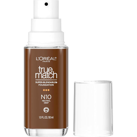L'Oreal Paris True Match Super-Blendable Foundation, Medium Coverage Liquid Foundation Makeup, N10, Deep, 1 Fl Oz
