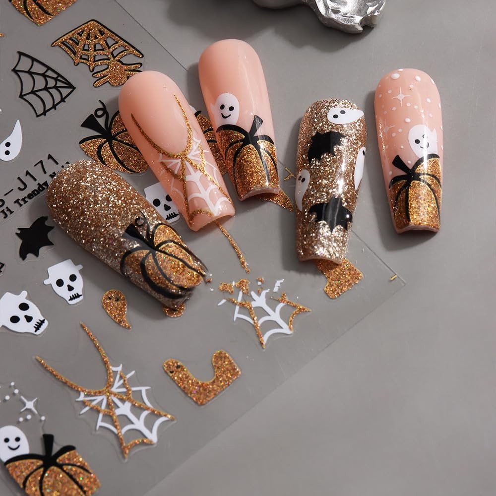 Halloween Nails Stickers Glitter Ghost Nails Sticker 3D Embossed Silver Gold Glitter Pumpkin Self Adhesive Sticker Nail Decals Web Nail Art Decal Halloween Decals for Nail DIY Manicure 4Sheet