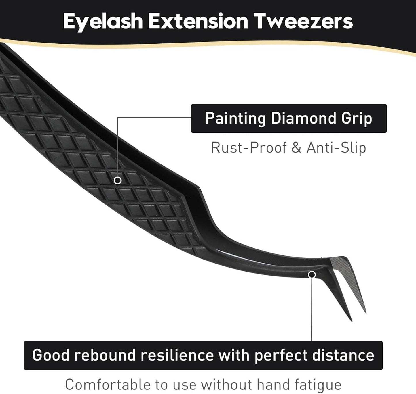 Ms.Queen Tweezers for Eyelash Extensions, Fiber Grip S-Curved Lash Tweezers for Inner Corner,Volume & Classic Lashes,Black