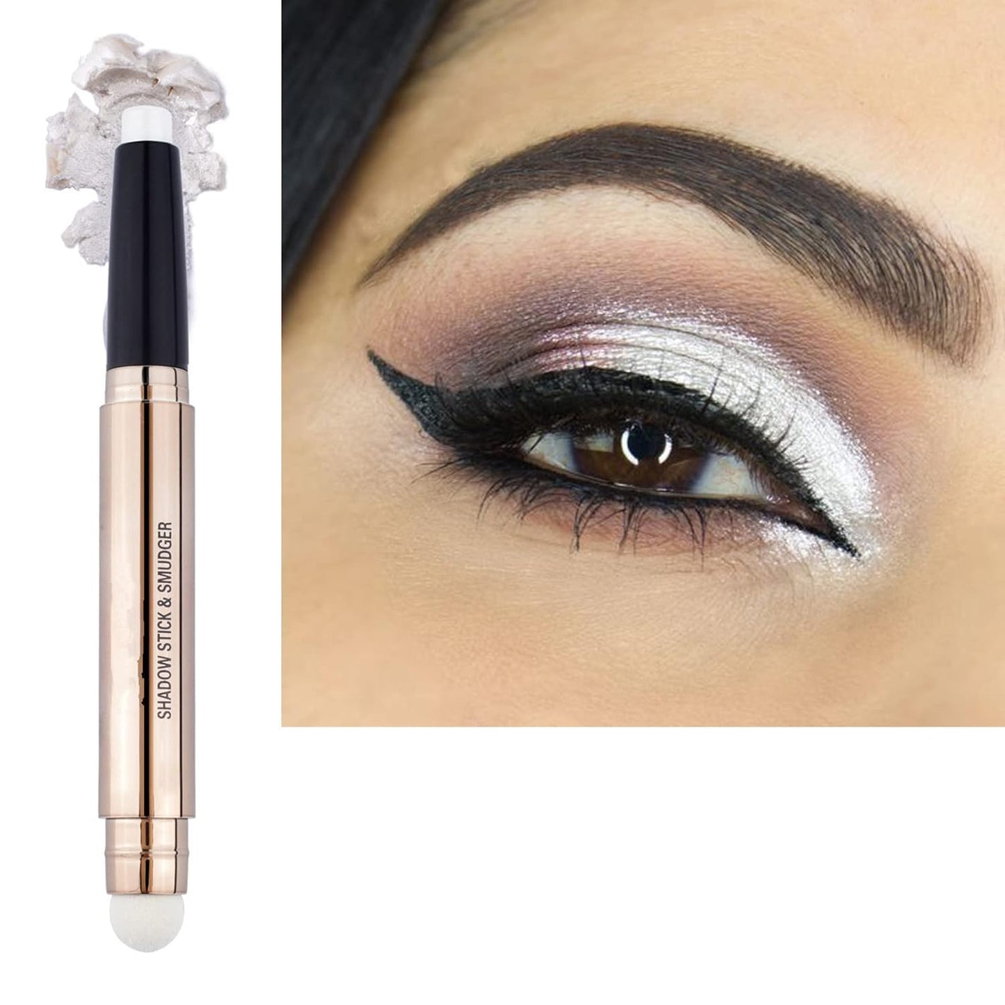 white Eyeshadow Stick And Sponge Makeup Brush Cream Shimmer Smooth Shadow Pencil Eyeliner Long Lasting Waterproof Eye Shadow Highlighter Stick Hypoallergenic Multi-Dimensional Eyes Look ( # 01)