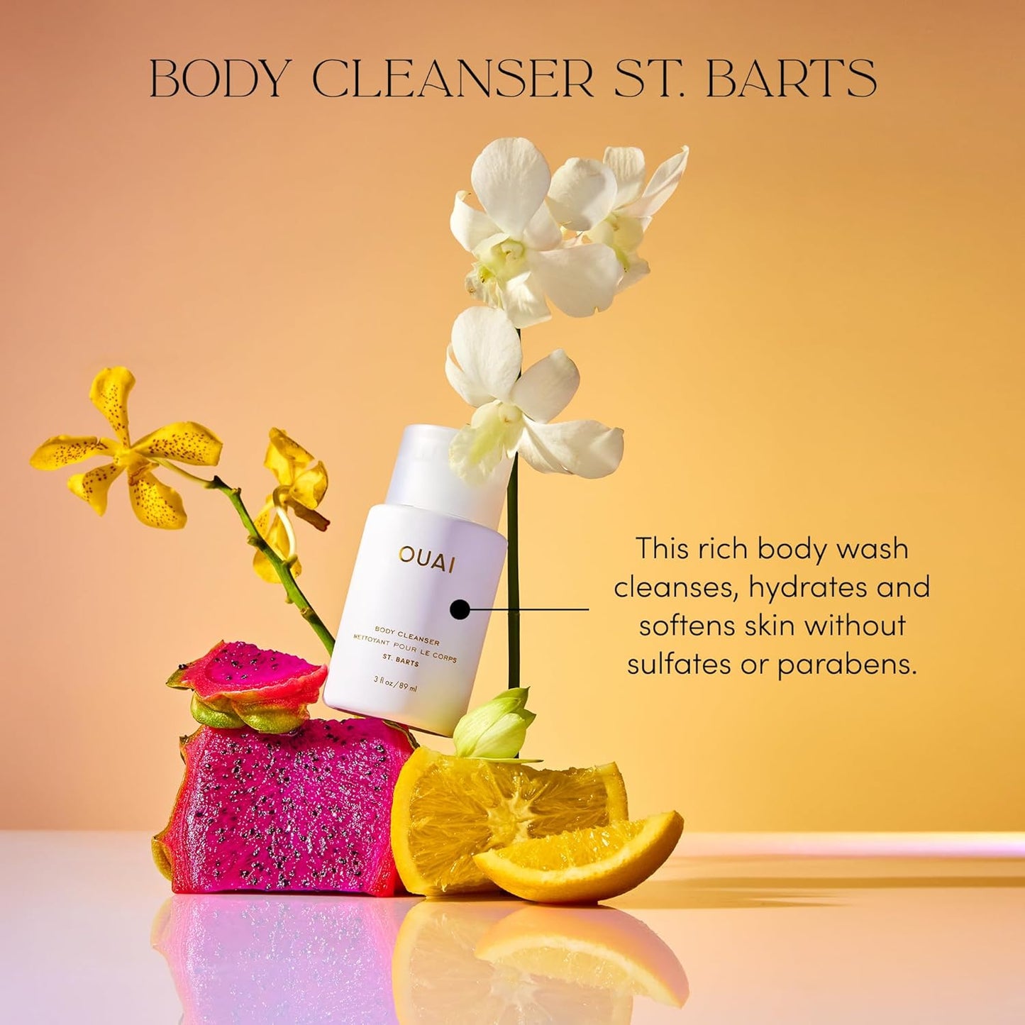 OUAI Body Cleanser, St. Barts Travel Size - Foaming Body Wash with Jojoba Oil & Rosehip Oil to Hydrate, Balance & Soften Skin - Paraben, Phthalate & Sulfate Free Skin Care Products (3 fl oz)