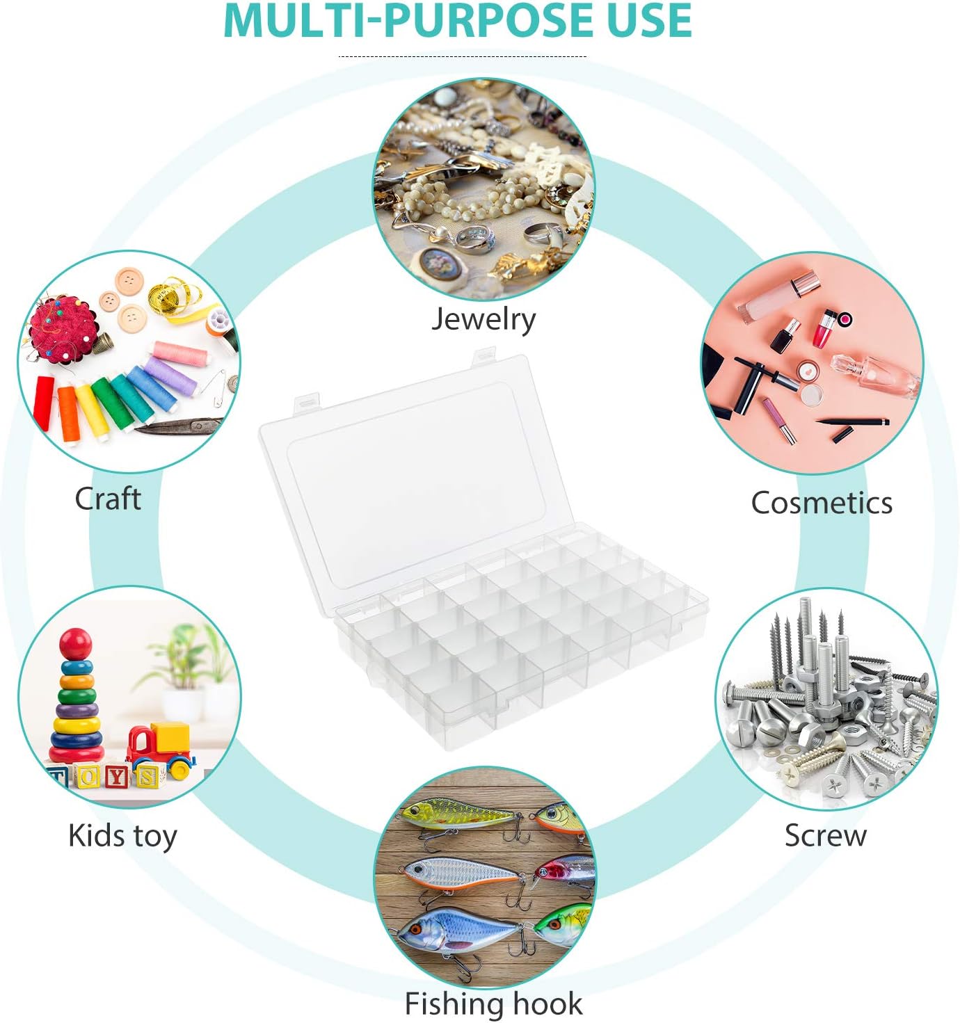 2 Pack 36 Grids Bead Organizer Box, Plastic Craft Organizers and Storage with Adjustable Dividers, Screw, Parts & Tackle Box for Jewelry Making, Art Supplies and Rock Display Case