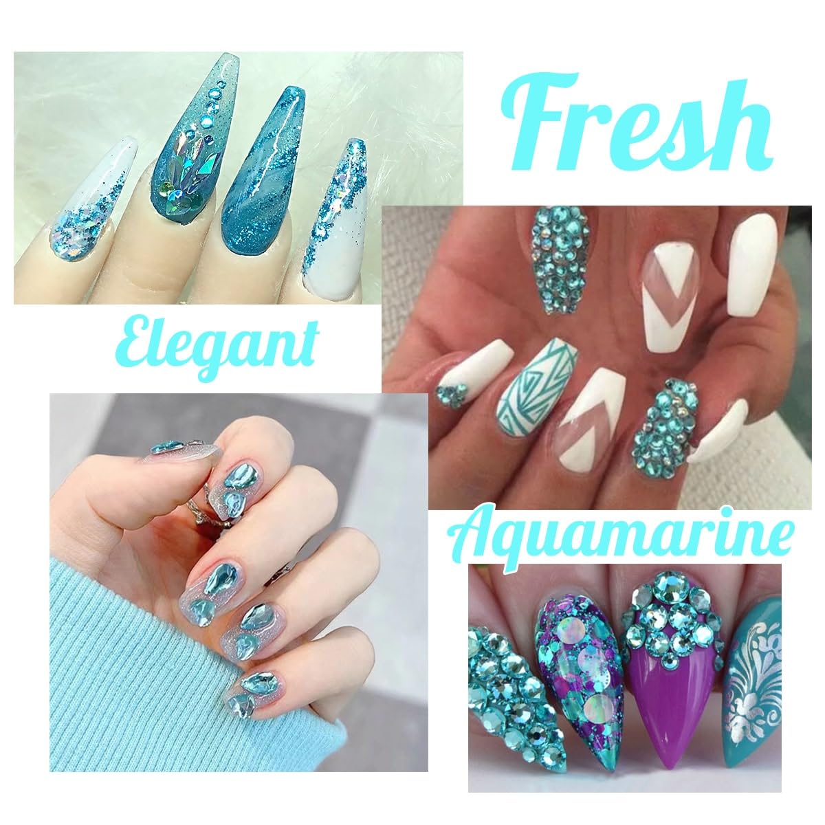 4 Boxes Aquamarine Nail Rhinestones Glitters 24 Shapes K9 Glass Lake Blue Gems Flatback Round Stones Diamonds Crystals Water Blue Nail Art Charms for Nails Face Eyes Makeup Crafts Tumblers