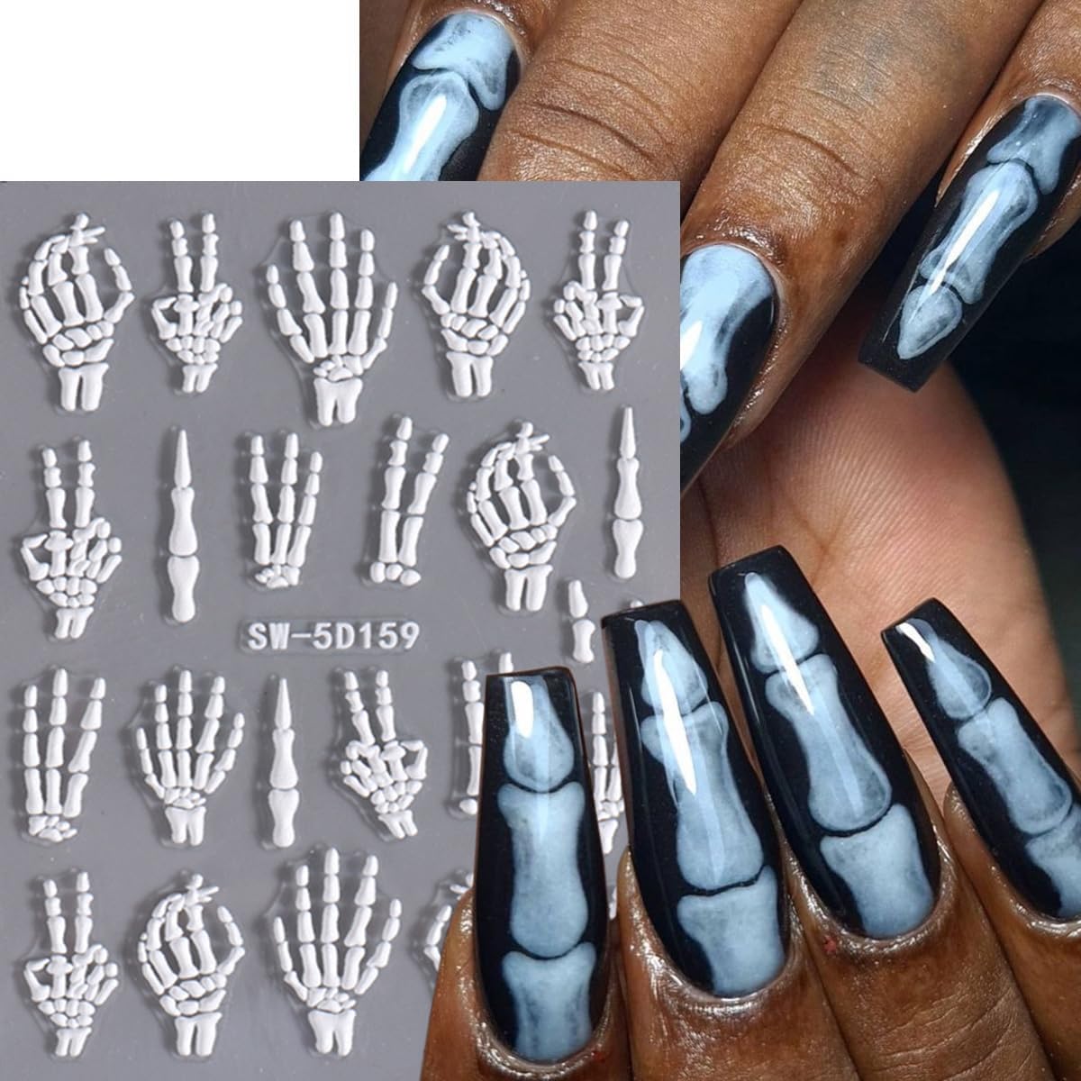 3 Sheets Halloween Nail Stickers for Nail Art 5D Embossed Skull Nail Art Stickers White Rose Gold Skull Gothic Designs Skeleton Nail Decals Halloween Horror Nail Supplies for Women Acrylic Nails DIY