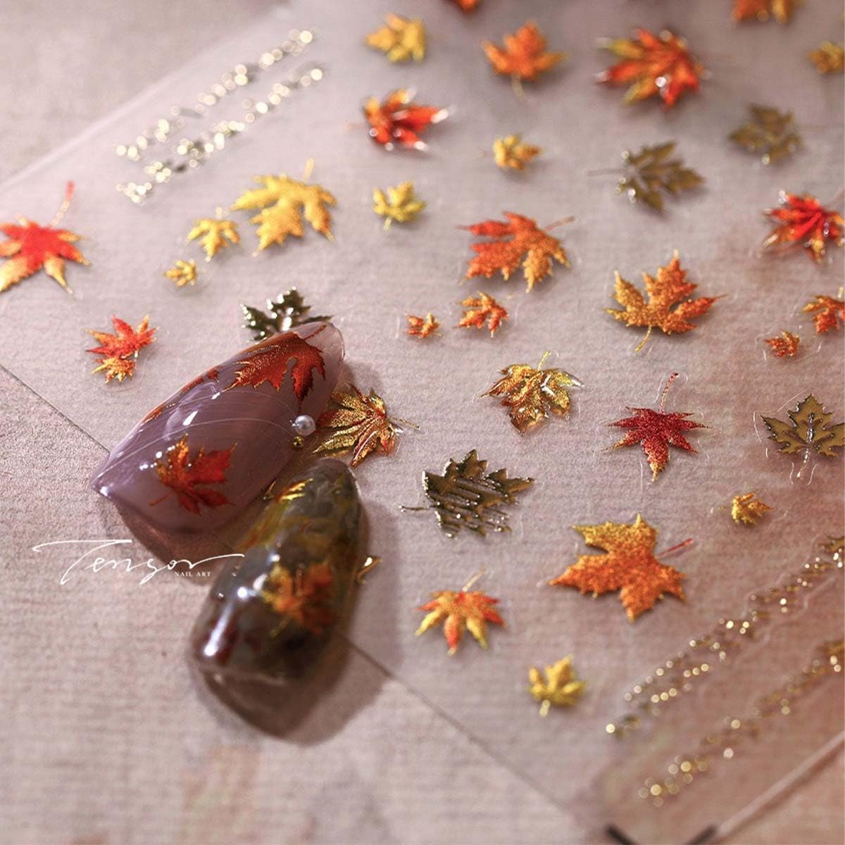 5D Embossed Autumn Maple Leaves Nail Stickers Maple Leaf Nail Stickers Fall Nail Art Decals Design Sticker Thanksgiving Nails Decals Autumn Gold Nails Supplies for Women Girls Manicure Decoration
