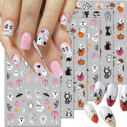6Sheets Halloween Nail Art Stickers 3D Cute Zombie Ghost Decals Pumpkin Blood Skull Spooky Design Black Cat Gothic Supplies for Women DIY