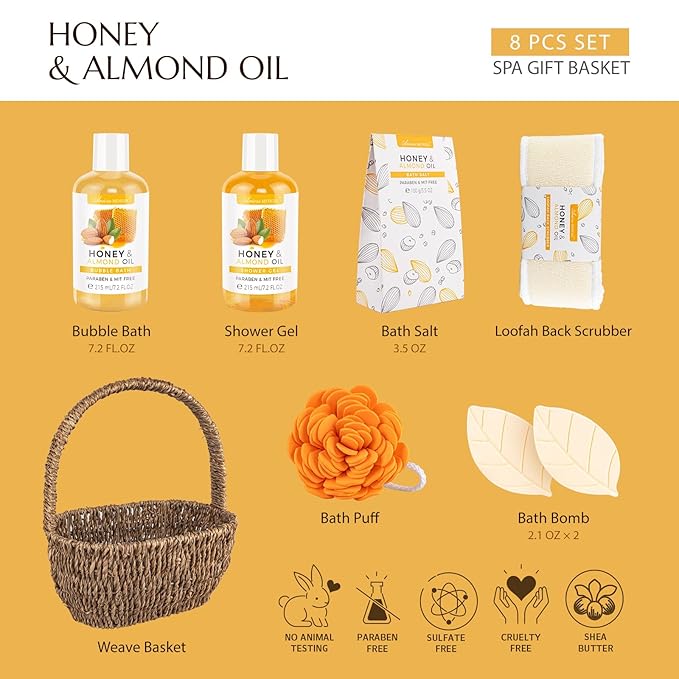 Bath Spa Gift Basket, Bath & Body Gift Set for Women & Men, Includes Shower Gel, Bubble Bath, Bath Salt, Bath Sponge, Spa Gift Box for Mother's Day, Birthday, Wedding, Honey & Almond 8pcs