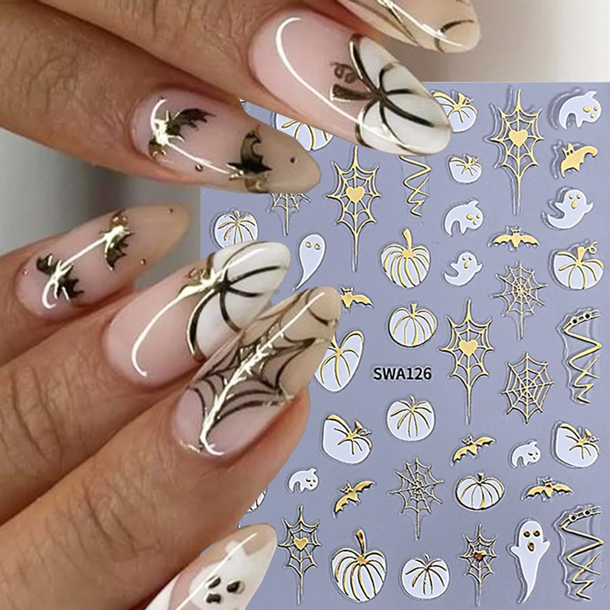 Halloween Nail Stickers Pumpkin Nail Sticker for Nails Art Spider Web Nail Decals Leaf Ghost Bat Heart Gold Hollow Design Cute Autumn Nails Stickers Decoration Manicure Supplies for Women