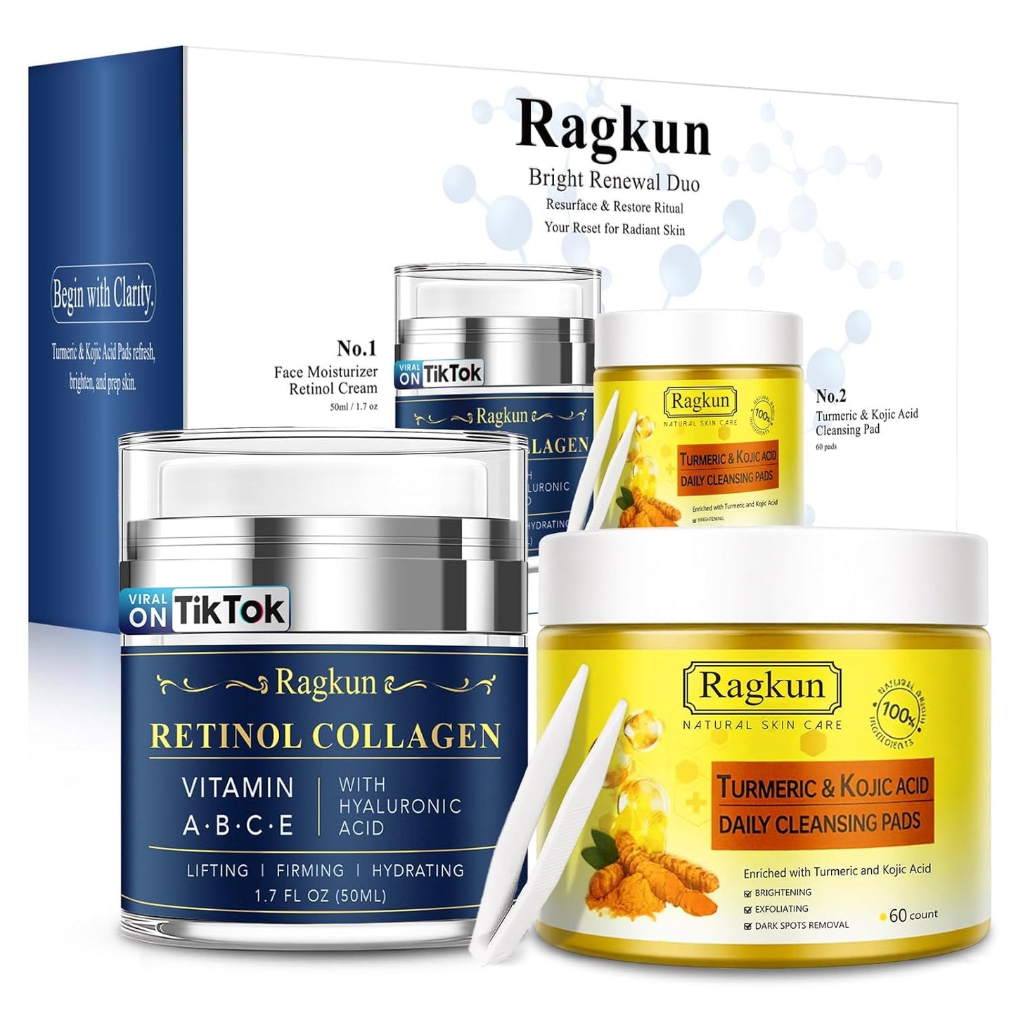 Retinol Cream for Face, Collagen Neck Creams for Tightening and Firming, Anti Aging Facial Moisturizer for Women & Men, and Turmeric & Kojic Acid Pads