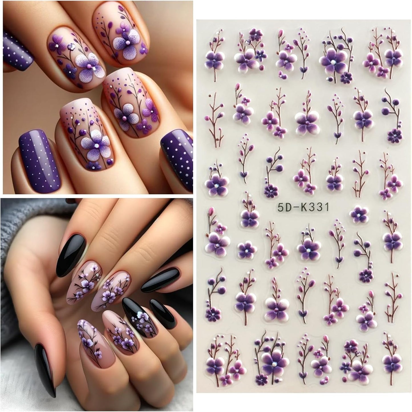 Spring Flower Nail Art Stickers Decals Floral Nail Decals Self Adhesive 5D Embossed for Women Nails Design Decoraion Colorful Rose Plum Blossom 3D Flower Mails Stickers Supplies