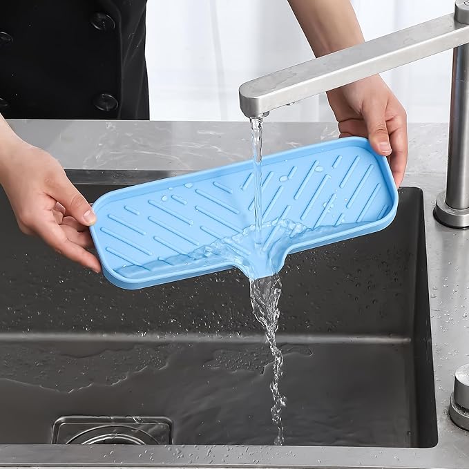 Silicone Bathroom Soap Dishes with Drain Spout-Bathroom and Kitchen Sink Organizer,Sponge Holder,Dish Soap Tray,Perfect for Dispenser,Scrubber,Bottle on Sink or Counter-Light Blue 12"×4"