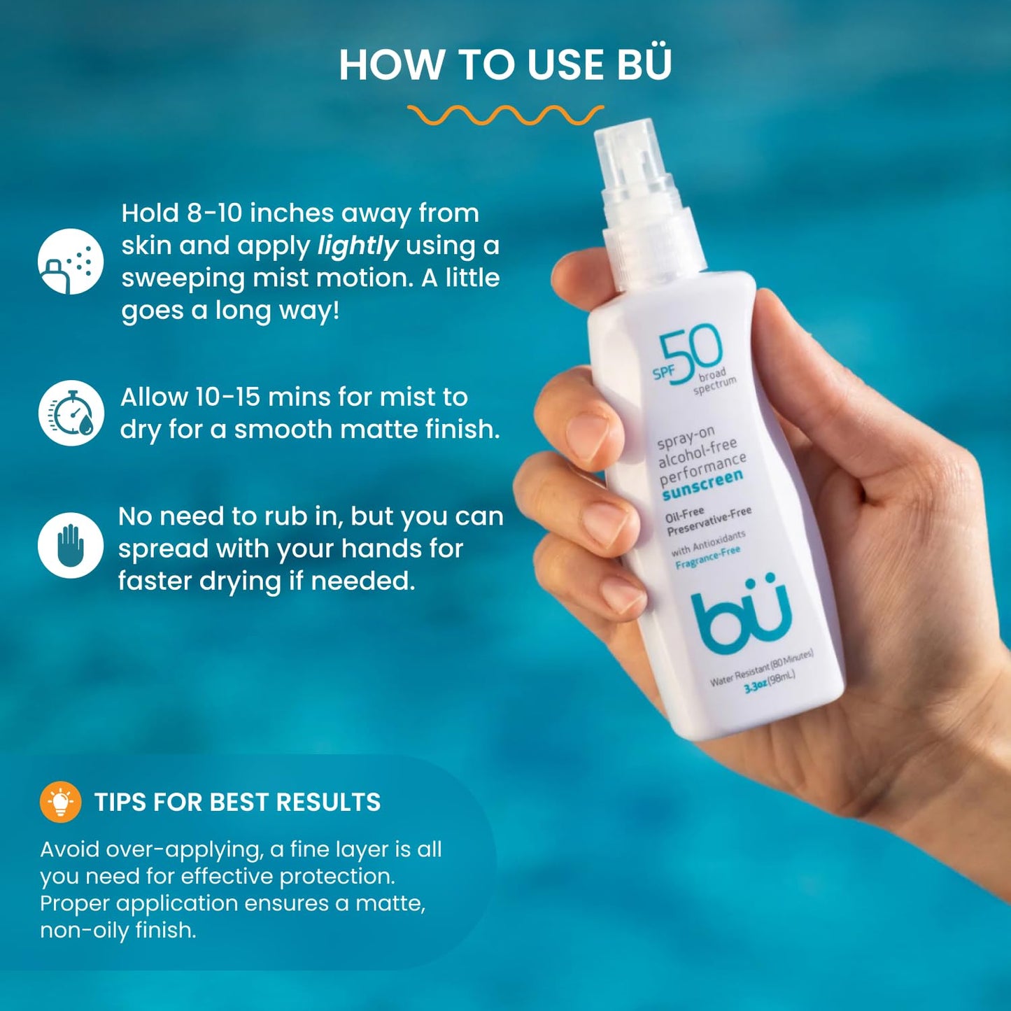BU SPF 50 Sunscreen Spray for Face and Body, Fragrance Free, Clear Non Aeorsol, Non Greasy and Water Resistant (3-pack)