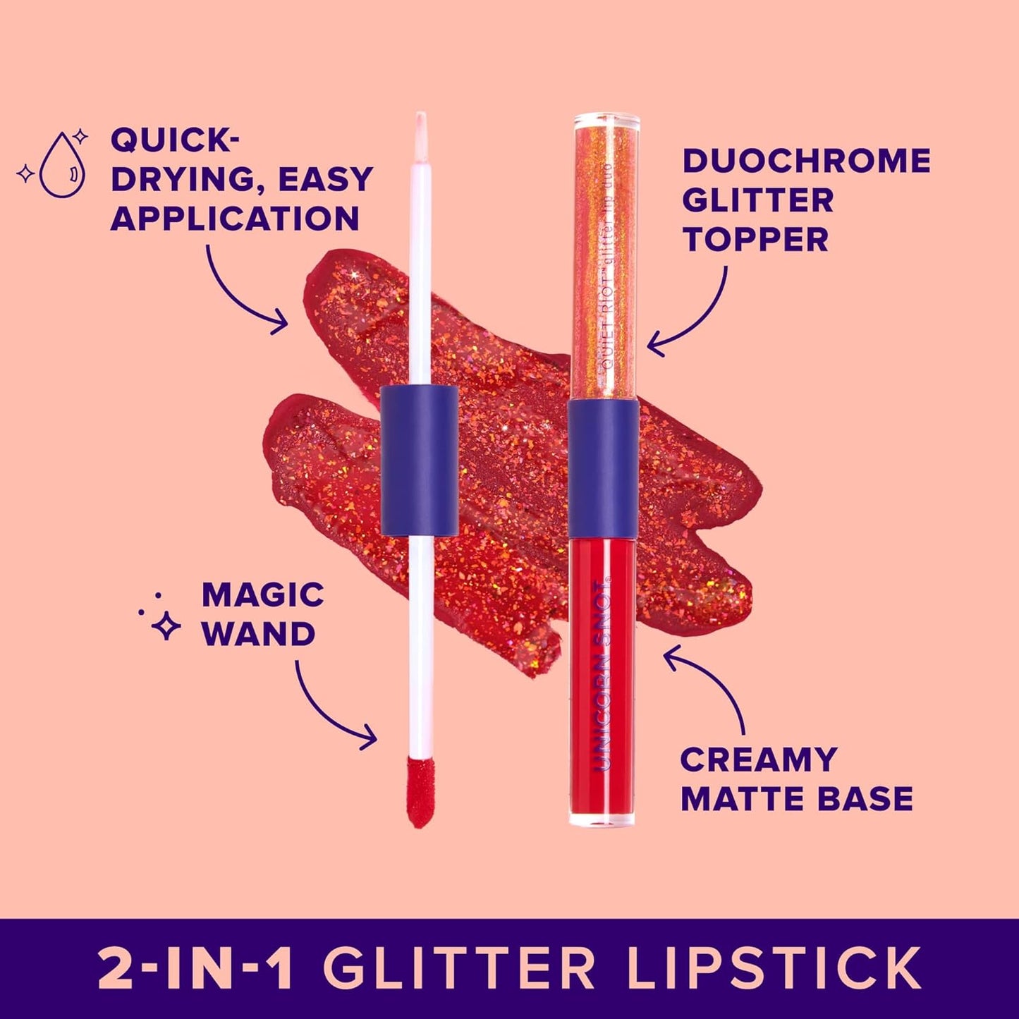 UNICORN SNOT Quiet Riot™ Plastic-Free Glitter Lip Duo | 2-in-1 Set w/Matte Lipstick & Sparkly Glitter Lip Gloss | Halloween Costume Makeup | 0.15oz Red Lipstick & 0.16oz Gloss (Clash)