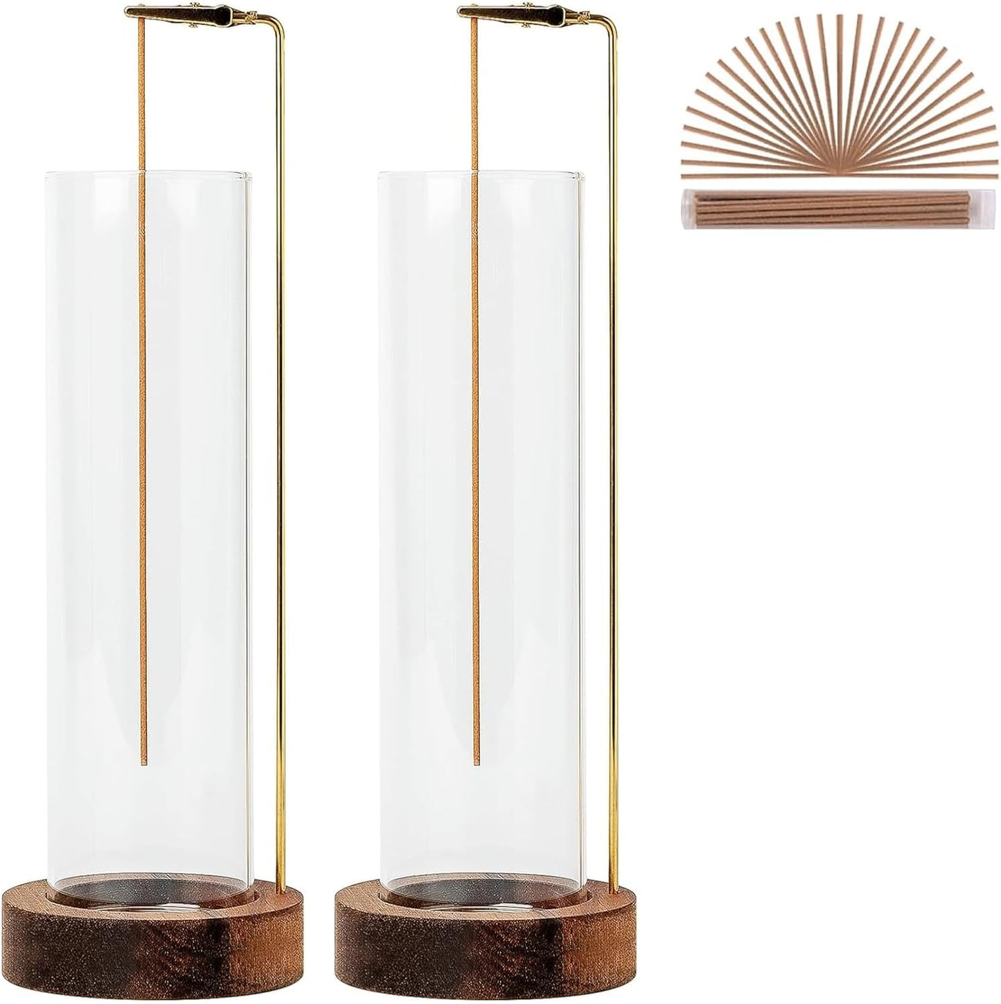 Incense Holder for Sticks, Anti-Ash Flying Incense Burner with 30 Incense Sticks, Detachable Glass Ash Catcher (Wood, Brown-2Pcs)