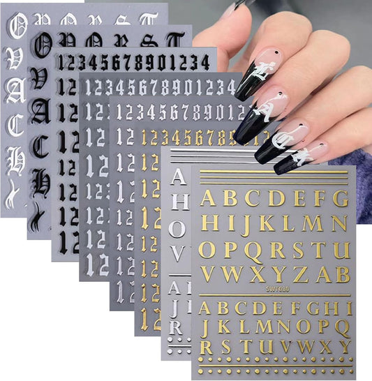 8 Sheets Letters Nail Stickers Decals Alphabet Numbers Nail Decals for Nail Art 3D Self-Adhesive Metallic Black Silver Gold Nail Art Stickers Supplies for Women Girls Nail Decoration Manicure