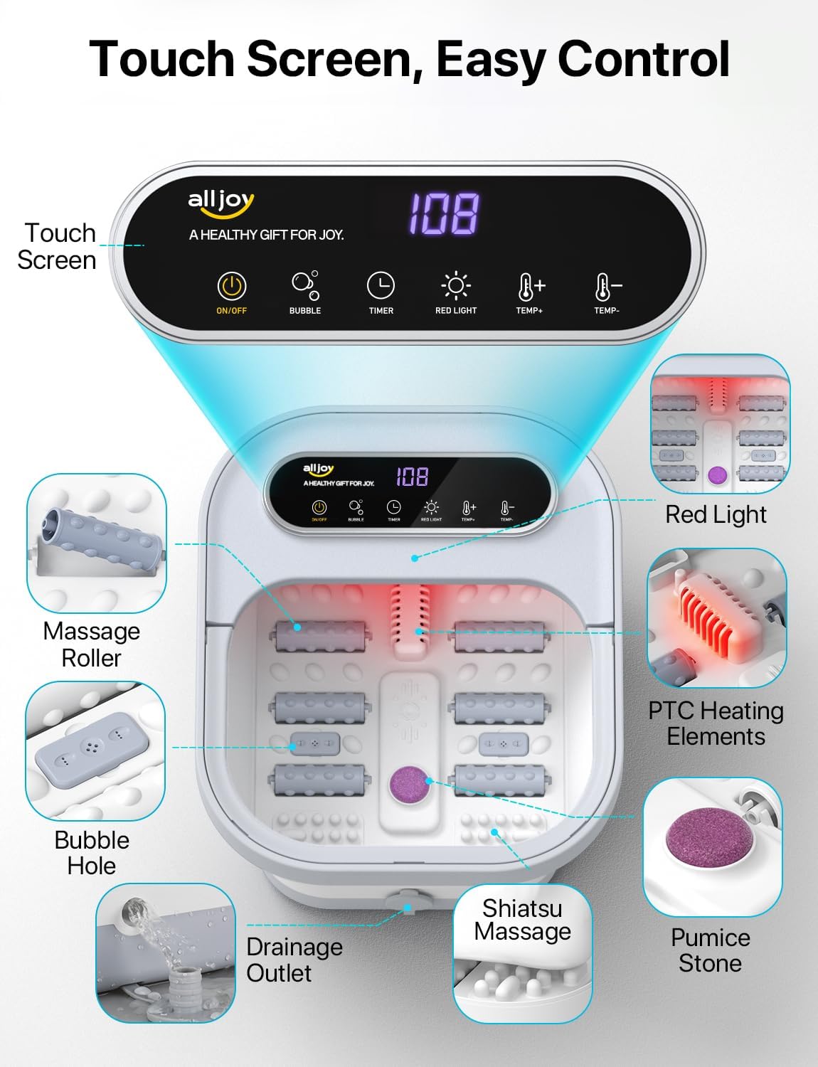 ALLJOY Foot Spa Bath Massager with Heat, Collapsible Foot Massager Spa Soaking Tub with Bubbles, Pumice Stone, Timer, 6 Shiatsu Massage Rollers Pedicure FootSpa for Relaxation, Gifts for Dad, Mom
