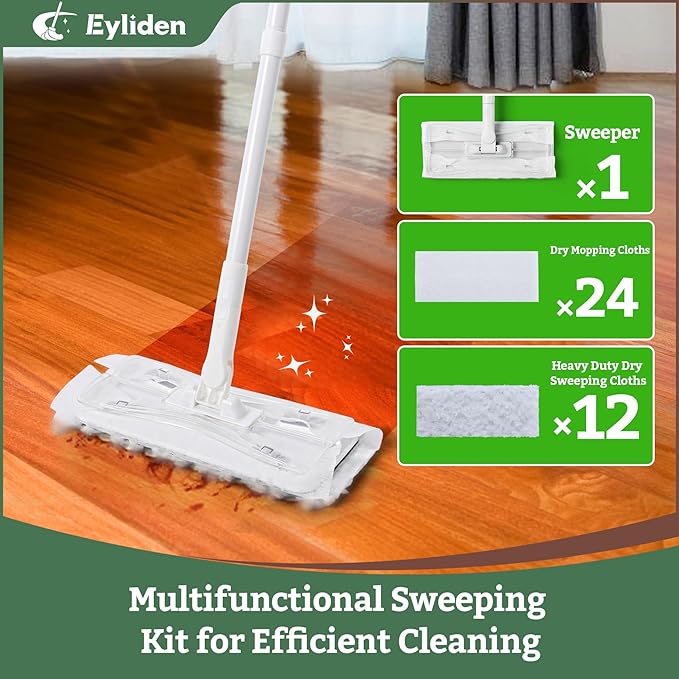 Eyliden Dust Mop, Sweeping & Mopping Kit | 58" Extended Long Handle, 36 Disposable Dry Cloths, Multi Surface Sweeper Mops for Floor Cleaning (White)
