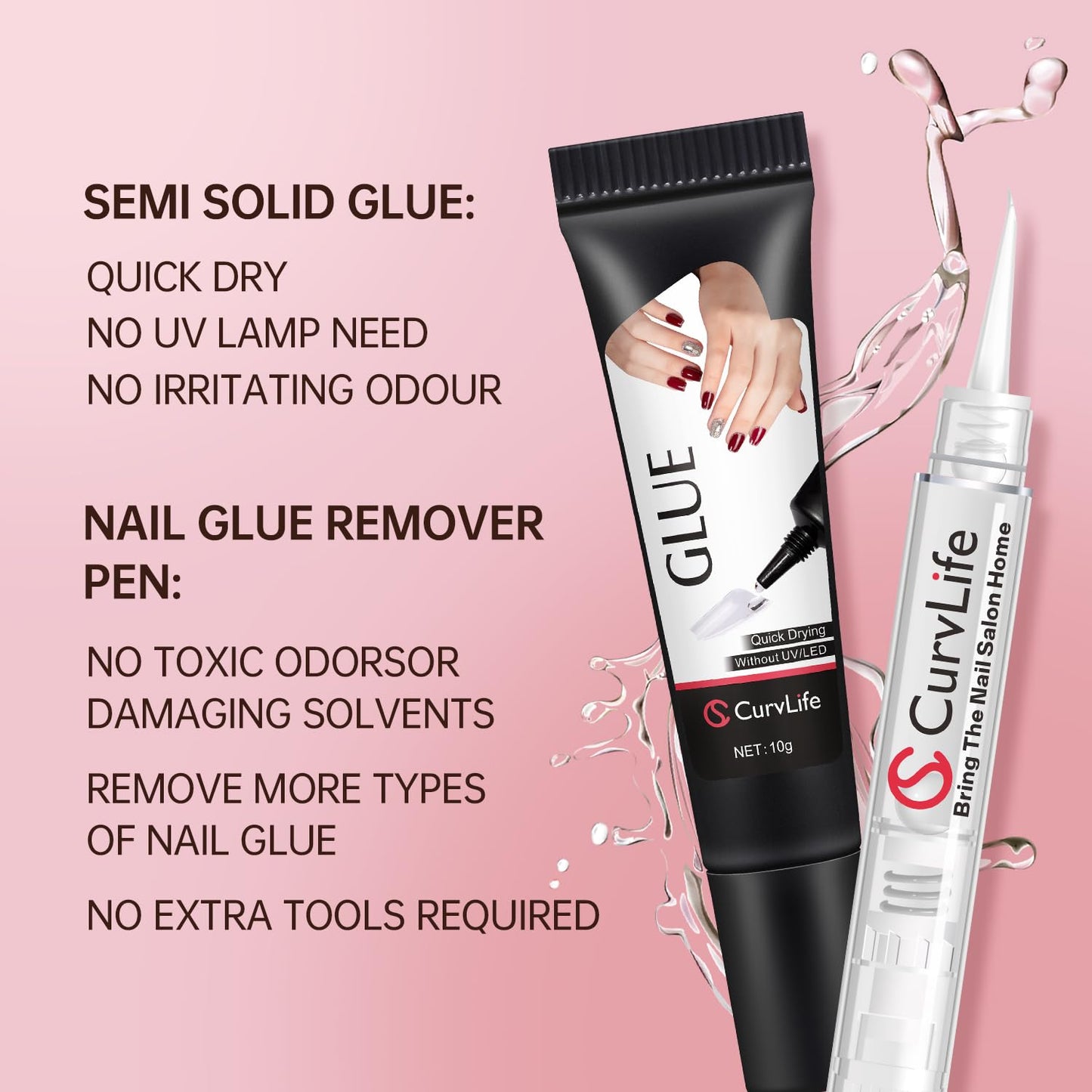 Curvlife 10g Semi Solid Nail Glue Gel With 5ml Remover Pen, No UV Light Needed, for Press On Nails, Click&Remove Pen