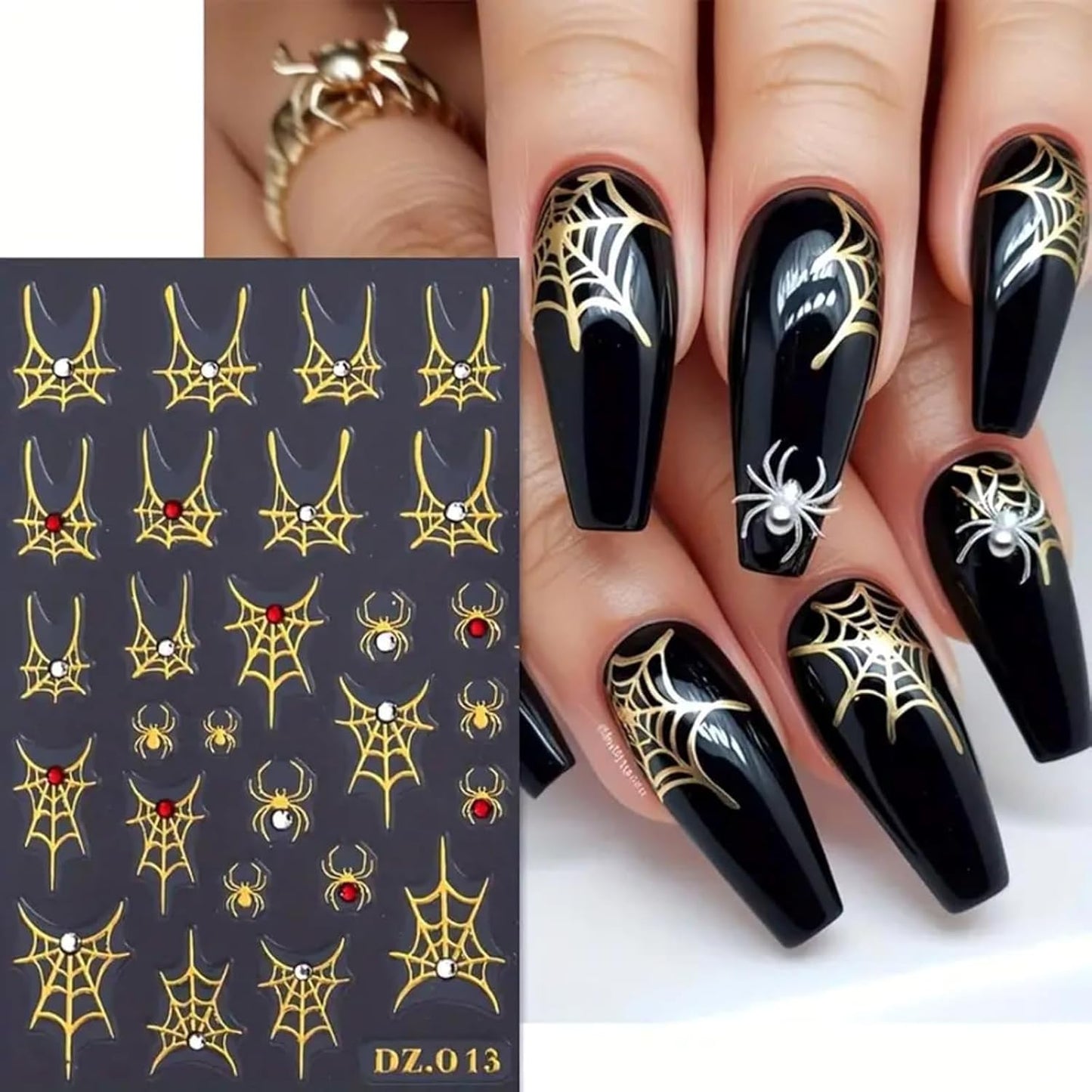 Halloween Nail Art Stickers Decals 4PCS Golden Spider Web Spider Nail Decals with Rhinestone White Red Crystal Spider Web Spider Nail Stickers Bow Heart Halloween Nail Art Supplies for Women Manicure