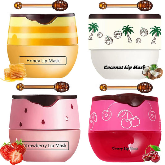 4 PCS Bee Lip Balm Honey Pot, Honey Strawberry Cherry Coconut Sleeping Lip Mask Overnight with Sticks, Exfoliating Prevention Dry and Crack Lip Scrubs