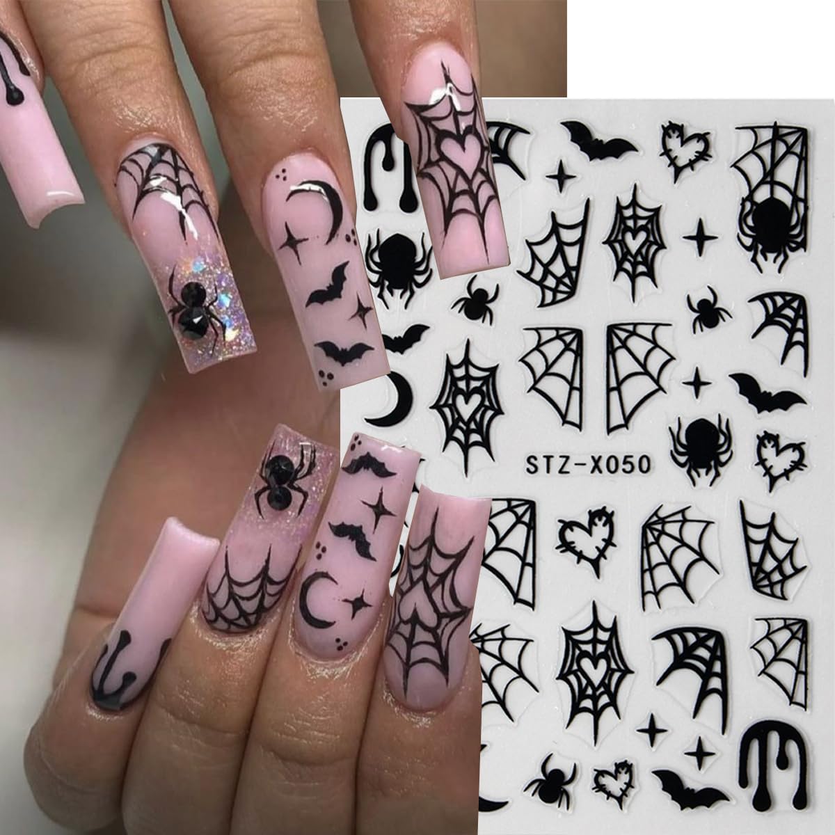 Halloween Nail Stickers Black Nail Decals Self-Adhesive Nail Art Stickers Spider Web Heart Star Moon Bat Design Spider Nails Sticker for Nails Art Decor Holiday Party Manicure for Women 8 Sheet