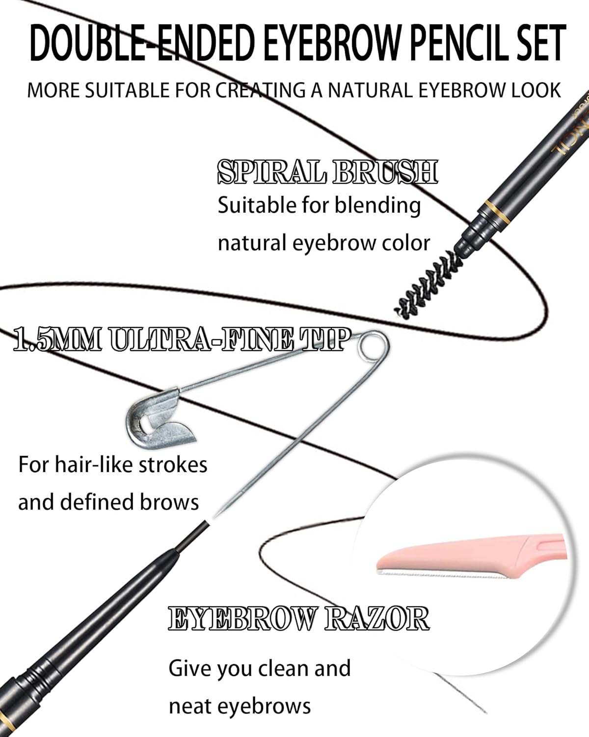 Black Eye Brow Pencils for Women, 6Pcs Waterproof Eyebrow Pencil, 1.5mm Micro-Fine Tip & Spiral Brush with Brow Razors Perfect for Creating a Natural and Delicate Eyebrow Look Makeup