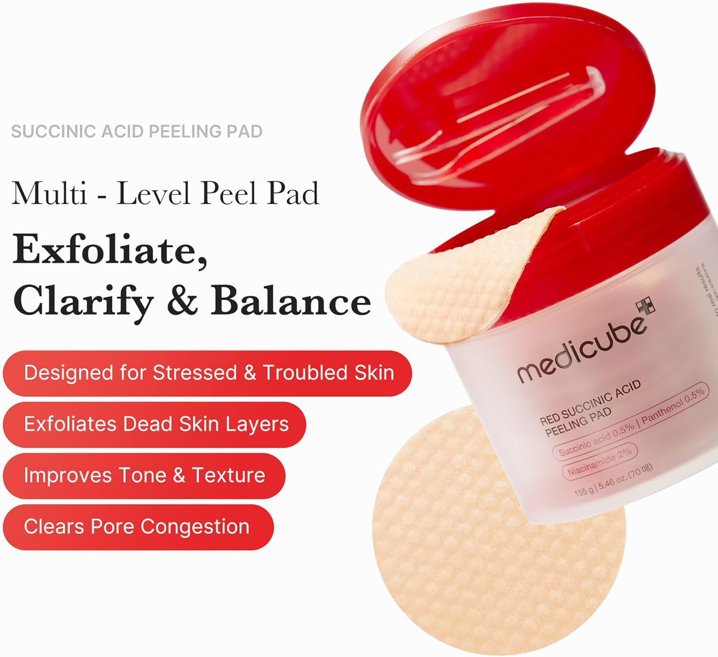 Medicube Red Succinic Acid Panthenol Facial Peeling Pads - Exfoliating Toner Pads for Breakout-Prone Skin with Niacinamide, AHA, BHA, and Soothing Panthenol - Non-Comedogenic