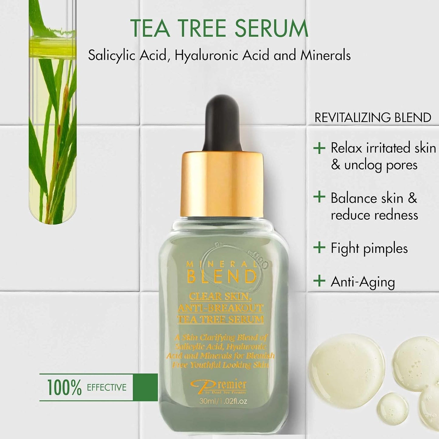 Clear skin, Anti-breakout Tea Tree serum for face and acne with Vitamin C,Salicylic Acid, Hyaluronic Acid and Minerals for blemish free youthful looking skin 1.02 Fl.Oz