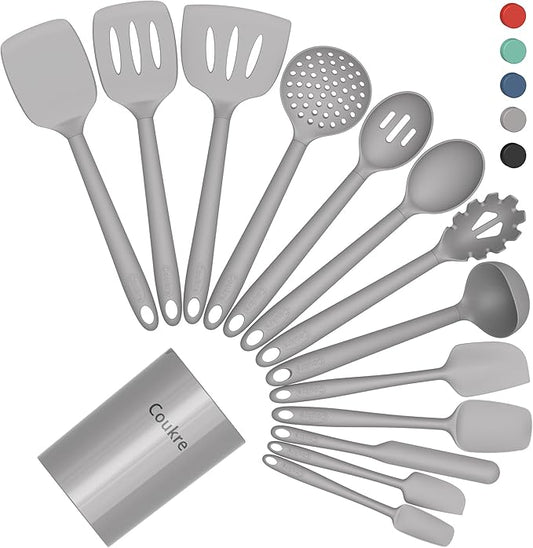 Coukre Silicone Kitchen Cooking Utensils Set with Holder – Heat-Resistant, Food-Grade Kitchen Tools, Spatula, Spoon & Gadgets for Non-Stick Pans, Dishwasher Safe (14, PureGray)
