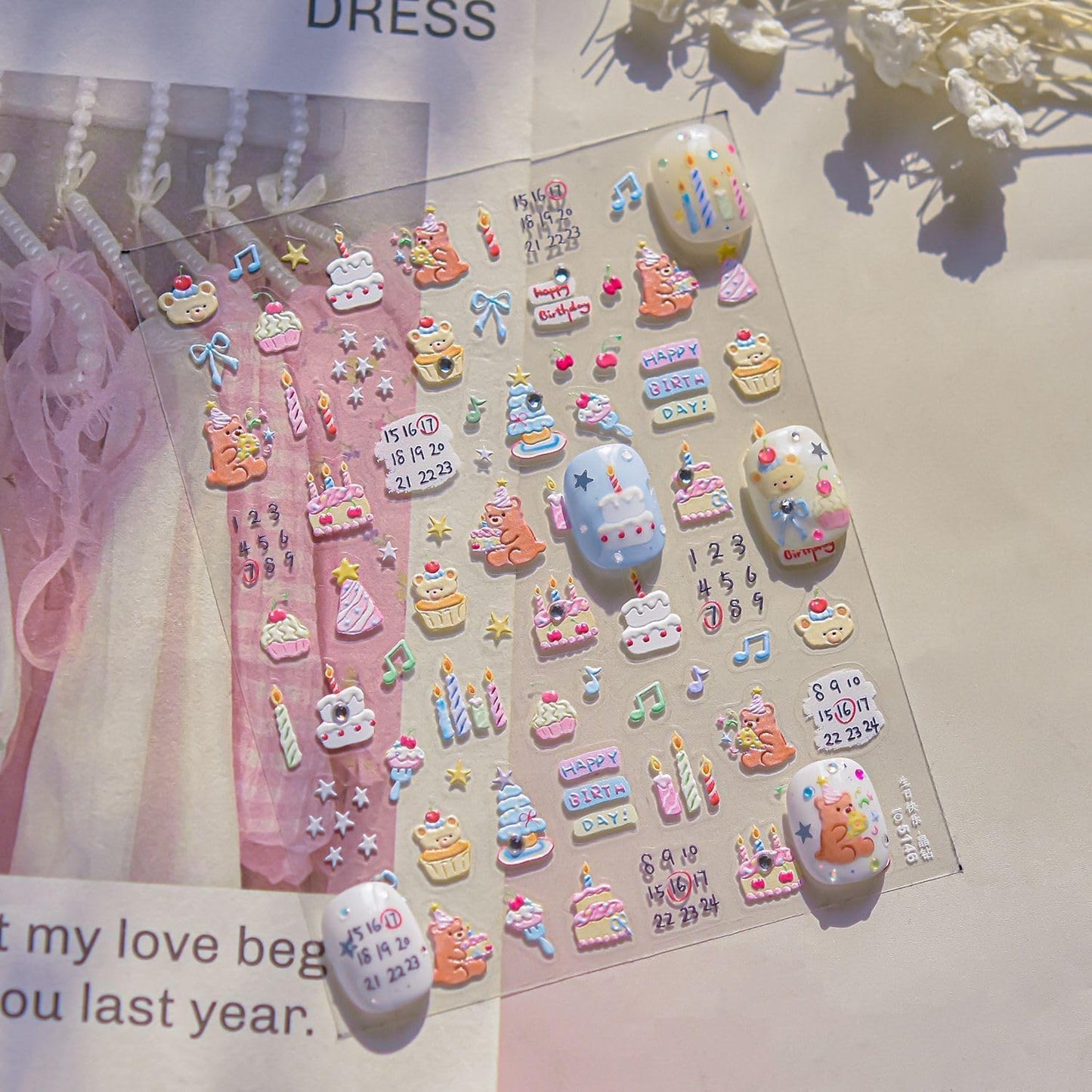 Cartoon Nail Stickers 3D Self-Adhesive Kawaii Animal Nail Supplies Cute Brown Bear Nail Decals 5D Embossed Birthday Party Candle Cake Nails Designs for Women Manicure DIY Nail Art Decorations