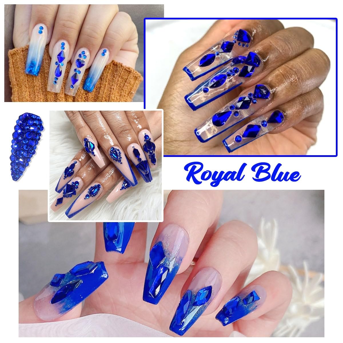 4 Boxes Royal Blue Nail Rhinestones and Glitters 24 Shapes K9 Glass Gems Diamonds Flatback Round Stones Crystals Sapphire Nail Art Charms for Acrylic Nails Face Eyes Makeup DIY Crafts Tumblers