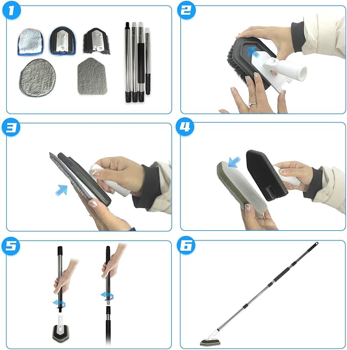 Floor Scrub Brush, 5 in 1 Tile Tub Scrubber with 56" Adjustable Long Handle and 5 No Scratch Scrubber Heads for Bathroom, Kitchen, Toilet, Bathtub