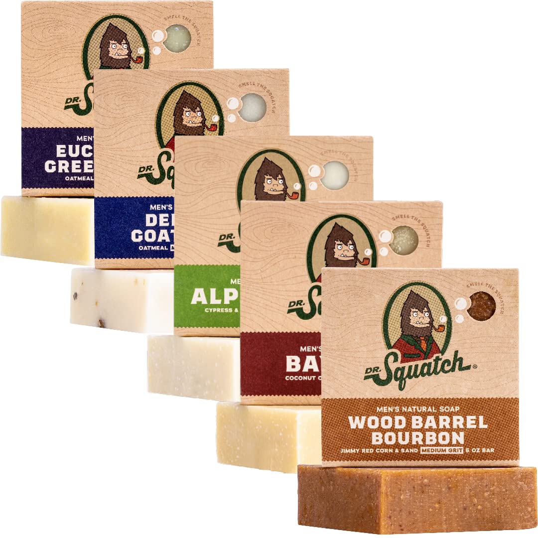 Dr. Squatch Natural Bar Soap for Men - Cold Process Soap with No Harsh Chemicals - Alpine Sage, Bay Rum, Bourbon, Eucalyptus & Goat's Milk (5 oz, 5-Pack)