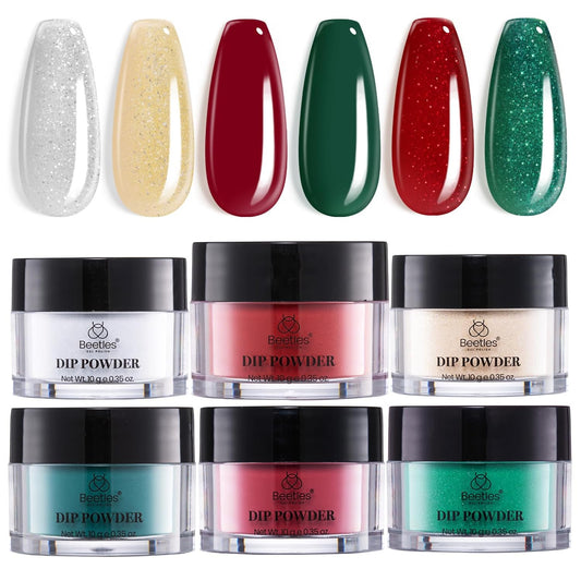 Beetles Christmas Dip Powder Nail Set 6 Colors Red Green Glitter Silver Gold Dipping Powder Starter Kit Manicure DIY Salon for Women No Nail Lamp Needed Glossy Xmas Party