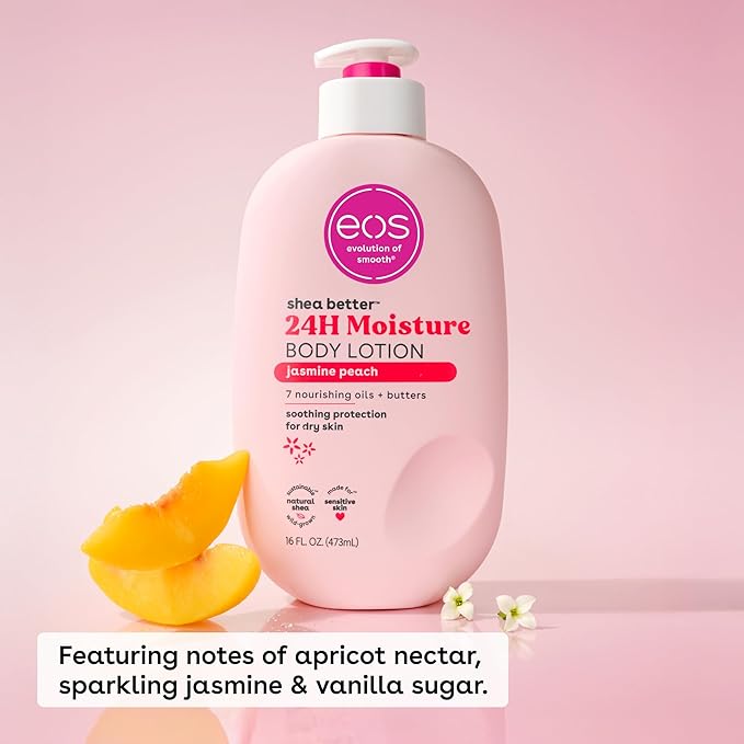 eos Shea Better Body Lotion Jasmine Peach, 24-Hour Moisture Skin Care, Lightweight & Non-Greasy, Natural Shea, Vegan, 16 fl oz