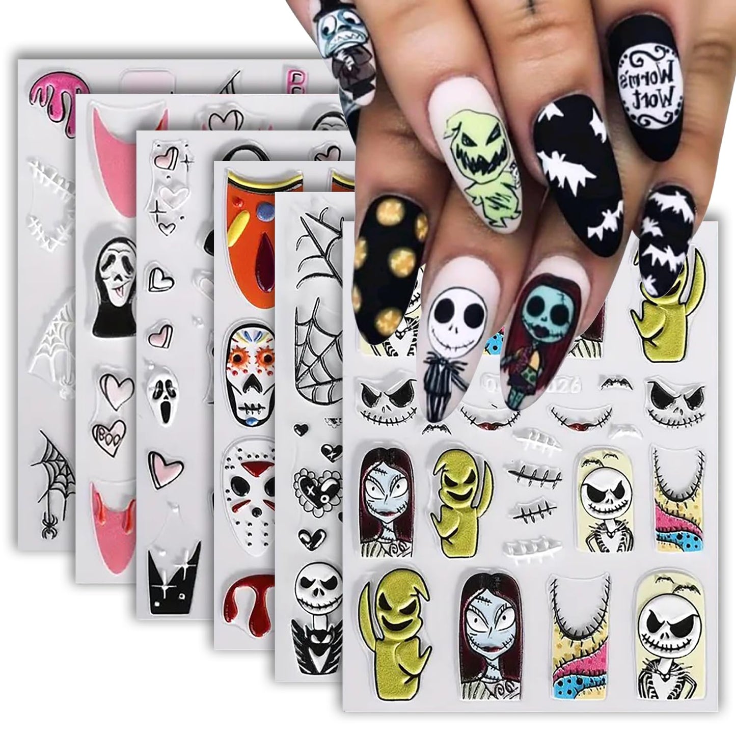 6 Pcs Halloween Nail Art Stickers Decals 5D Embossed Scary Ghost Nightmare Self-Adhesive Designs Nail Supplies Terror Scar Mask Spider Web Designs Halloween DIY Manicure Decorations for Women